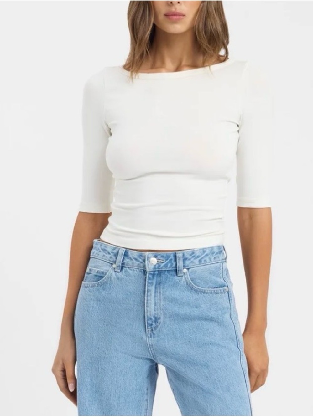 Zara White Slim Elbow-Sleeve Top